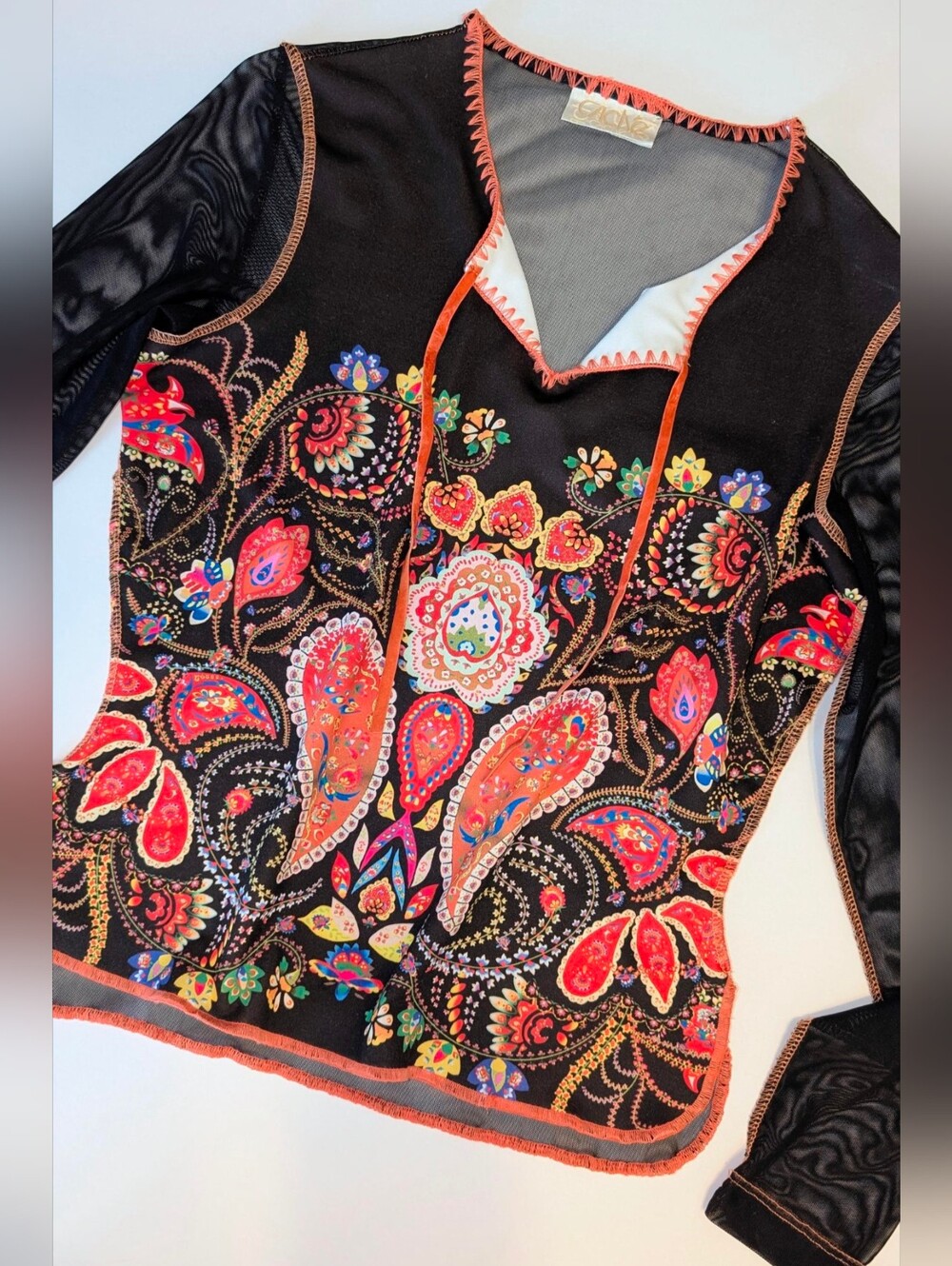 2000's Caché Beaded Sheer Mystic Mesh Sequin Art to Wear Blouse Small - Picture 5 of 11